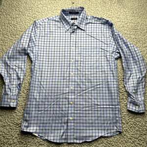 Overton Button Down Shirt Mens Medium Blue Plaid Long Sleeve Wrinkle Free